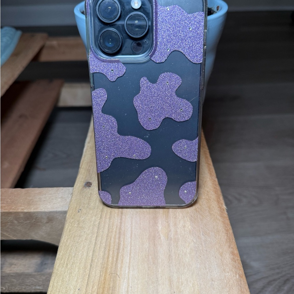 Purple glitter cow print phone case for iPhone 15 Pro Max